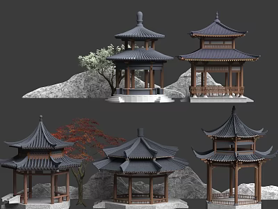Multiple Traditional Chinese Pavilions Featuring Classic Design Wooden Structures Stone Rocks And Decorative Trees 3d model