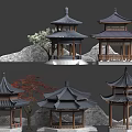 Multiple Traditional Chinese Pavilions Featuring Classic Design Wooden Structures Stone Rocks And Decorative Trees