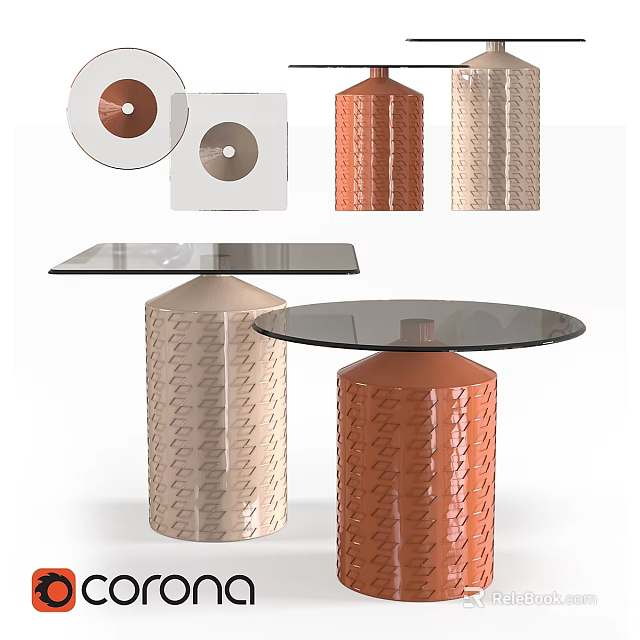 Stylish Functional Tables with Glass Top Cylindrical Base and Textured Beige Orange Design 3d model 