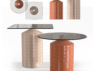 Stylish Functional Tables with Glass Top Cylindrical Base and Textured Beige Orange Design 3d model