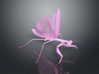 Pink Mantis With Transparent Wings And Slender Legs On Dark Background 3d model