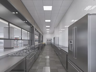 Commercial Kitchen Long Layout with Stainless Steel Stovetops Refrigerators White Tiled Walls and Ceiling Lights 3d model