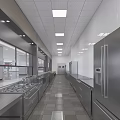 Commercial Kitchen Long Layout with Stainless Steel Stovetops Refrigerators White Tiled Walls and Ceiling Lights