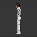 Man Standing With Arms Outstretched In White Sequined Jumpsuit And Red Scarf