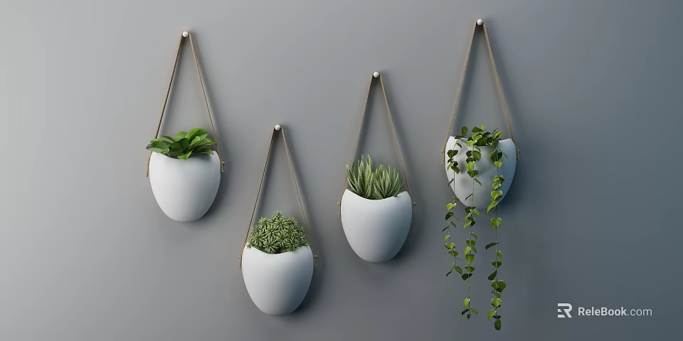 Set Of White Hanging Planters Holding Different Green Plants As Wall Decor 3d model 