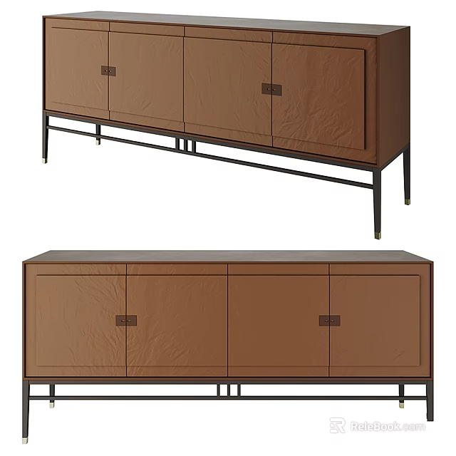 Brown Cabinet With Textured Leather Doors And Black Metal Legs 3d model 