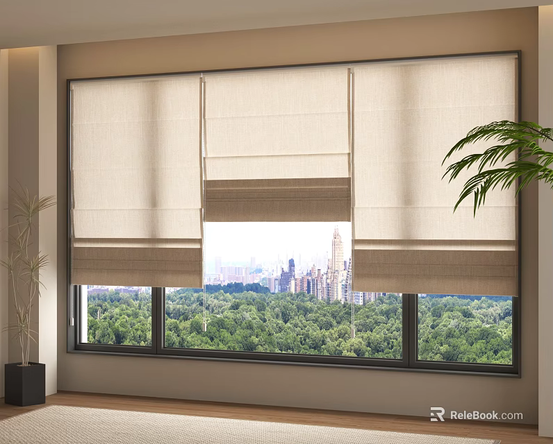 Elegant Beige Roman Shades Window Curtains With City View And Greenery 3d model 