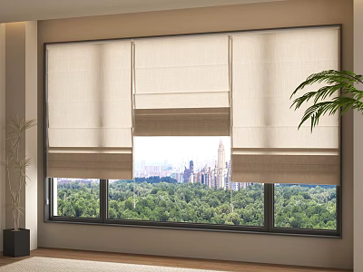 Elegant Beige Roman Shades Window Curtains With City View And Greenery 3d model