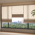 Elegant Beige Roman Shades Window Curtains With City View And Greenery