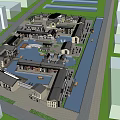 Traditional Modern Commercial District Featuring Water Ponds Pedestrian Walkways And Green Landscaping
