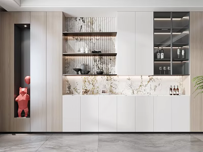 Modern White Wooden Wine Cabinet With Glass Doors Marble Countertop LED Lighting And Decorative Items 3d model