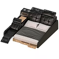 Black Leather Double Bed With Adjustable Headrests And Wooden Frame Side Storage Design