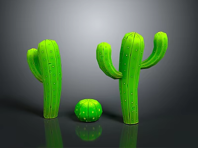 Three Green Cactus Plants With Columnar And Round Shapes On Gray Background 3d model