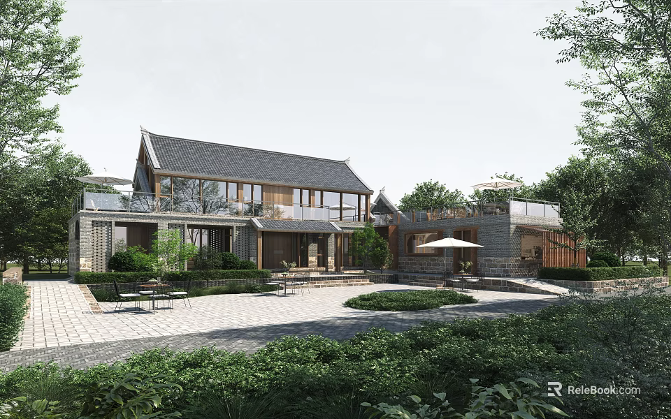 Traditional Sloped Roof Homestay Building With Courtyard Outdoor Seating And Lush Greenery 3d model 