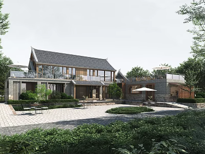 Traditional Sloped Roof Homestay Building With Courtyard Outdoor Seating And Lush Greenery 3d model