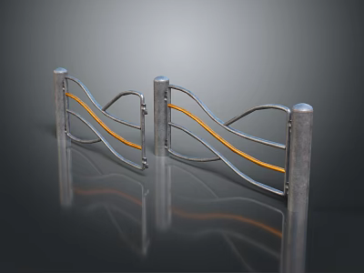 Modern Metal Fence With Wavy Design And Orange Lines On Reflective Surface With Sturdy Posts 3d model