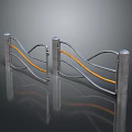 Modern Metal Fence With Wavy Design And Orange Lines On Reflective Surface With Sturdy Posts