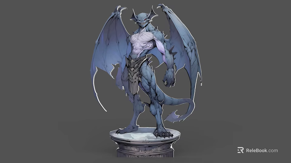 Game Movie Character Blue Dragon Like Horned Winged 3D Model On Stone Pedestal 3d model 