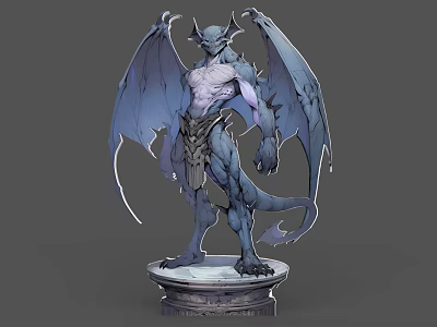 Game Movie Character Blue Dragon Like Horned Winged 3D Model On Stone Pedestal 3d model