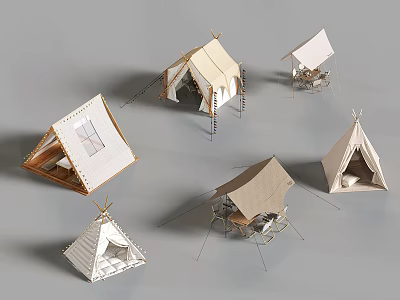 Various Canvas Tents With Beige And White Designs For Outdoor Use 3d model