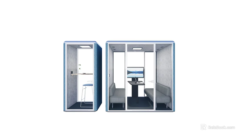 Public Office Space With Blue Private Booths Interior Desks Chairs Sofa And Monitor 3d model 