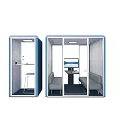 Public Office Space With Blue Private Booths Interior Desks Chairs Sofa And Monitor