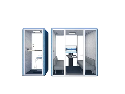 Public Office Space With Blue Private Booths Interior Desks Chairs Sofa And Monitor 3d model