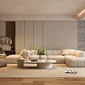 Modern Living Room With Wall Mounted TV Stone Accent Open Shelves And White Coffee Table