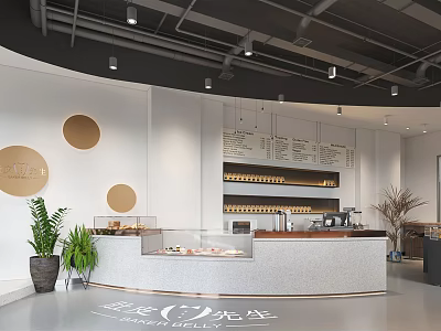 Modern Dessert Shop With White Walls Circular Decorations Gray Counter Glass Displays And Green Plants 3d model