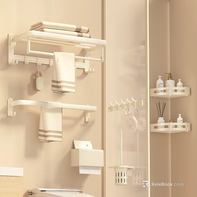 Stylish Modern Bathroom Accessory Set With Towel Racks Wall Shelves Hooks And Toiletries 3d model 