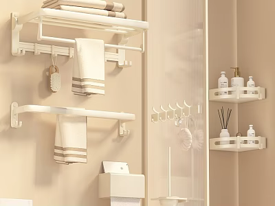 Stylish Modern Bathroom Accessory Set With Towel Racks Wall Shelves Hooks And Toiletries 3d model