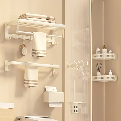 Stylish Modern Bathroom Accessory Set With Towel Racks Wall Shelves Hooks And Toiletries 3d model
