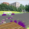 Park Landscape Featuring Green Lawn Circular Stone Stepping Stones Wooden Deck Bench Trees And Buildings