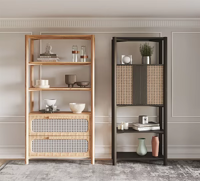 Modern Style Wooden and Black Shelving Units with Woven Details and Decorative Items 3d model