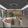 Modern Fitness Studio Interior With Comfortable Sofas Round Tables Plants And Bookshelves 3d model