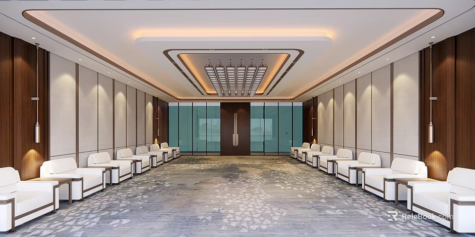 Spacious Hotel Public Lounge With White Sofas Glass Partitions Patterned Carpet And Warm Lighting 3d model