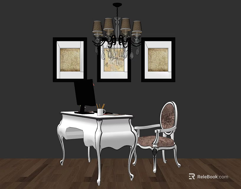 Elegant White Desk with Computer Ornate Chair Dark Wall Framed Artworks and Chandelier 3d model 