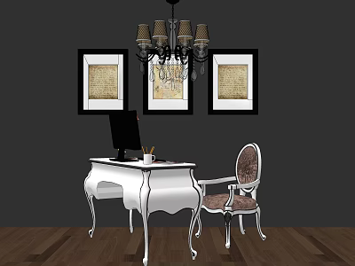 Elegant White Desk with Computer Ornate Chair Dark Wall Framed Artworks and Chandelier 3d model