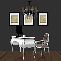 Elegant White Desk with Computer Ornate Chair Dark Wall Framed Artworks and Chandelier