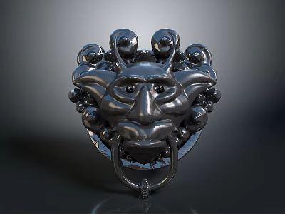 Dark Metallic Sculptural Mask With Spherical Decorations And Ring Detail 3d model