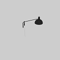 Black Wall Lamp with Curved Metal Arm and Hemispherical Shade Mounted On White Wall Lit