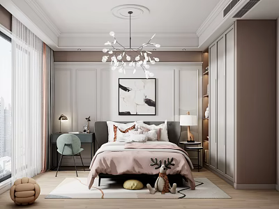 Cozy Kids Room Interior Design With Pink Bed Stuffed Toys Wall Art And Chandelier 3d model