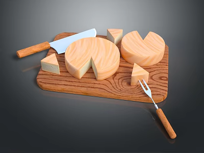 Fresh Delicious Cheese Pieces On Wooden Cutting Board With Knife And Fork 3d model