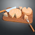 Fresh Delicious Cheese Pieces On Wooden Cutting Board With Knife And Fork