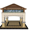 Square Wooden Pavilion Structure With Roof Frame Columns And Patterned Floor Tiles