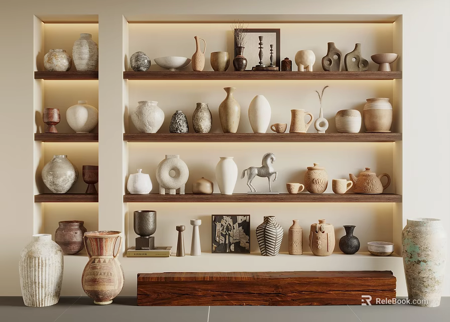 Ceramic Vessels Collection Displayed On Shelves With Various Shapes And Lighting 3d model 