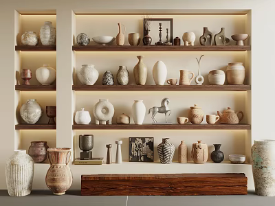 Ceramic Vessels Collection Displayed On Shelves With Various Shapes And Lighting 3d model