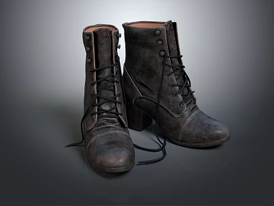 Distressed Leather Mid Calf Lace Up Boots With Block Heel And Vintage Dark Brown Style 3d model