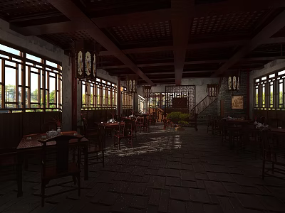 Traditional Chinese Restaurant Interior With Wooden Structure Carved Windows And Redwood Tables 3d model
