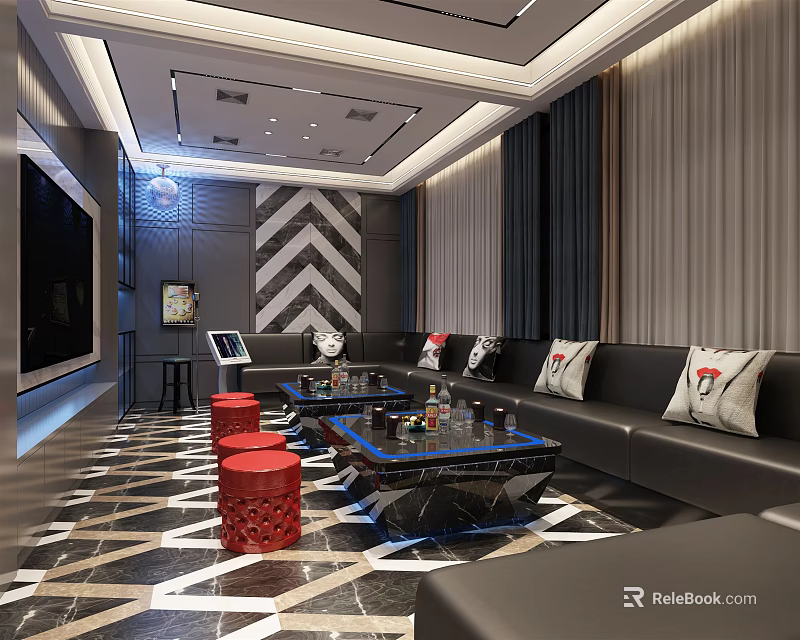 Modern KTV Interior Design With Black Sofas Red Stools Large Screen And Marble Flooring 3d model